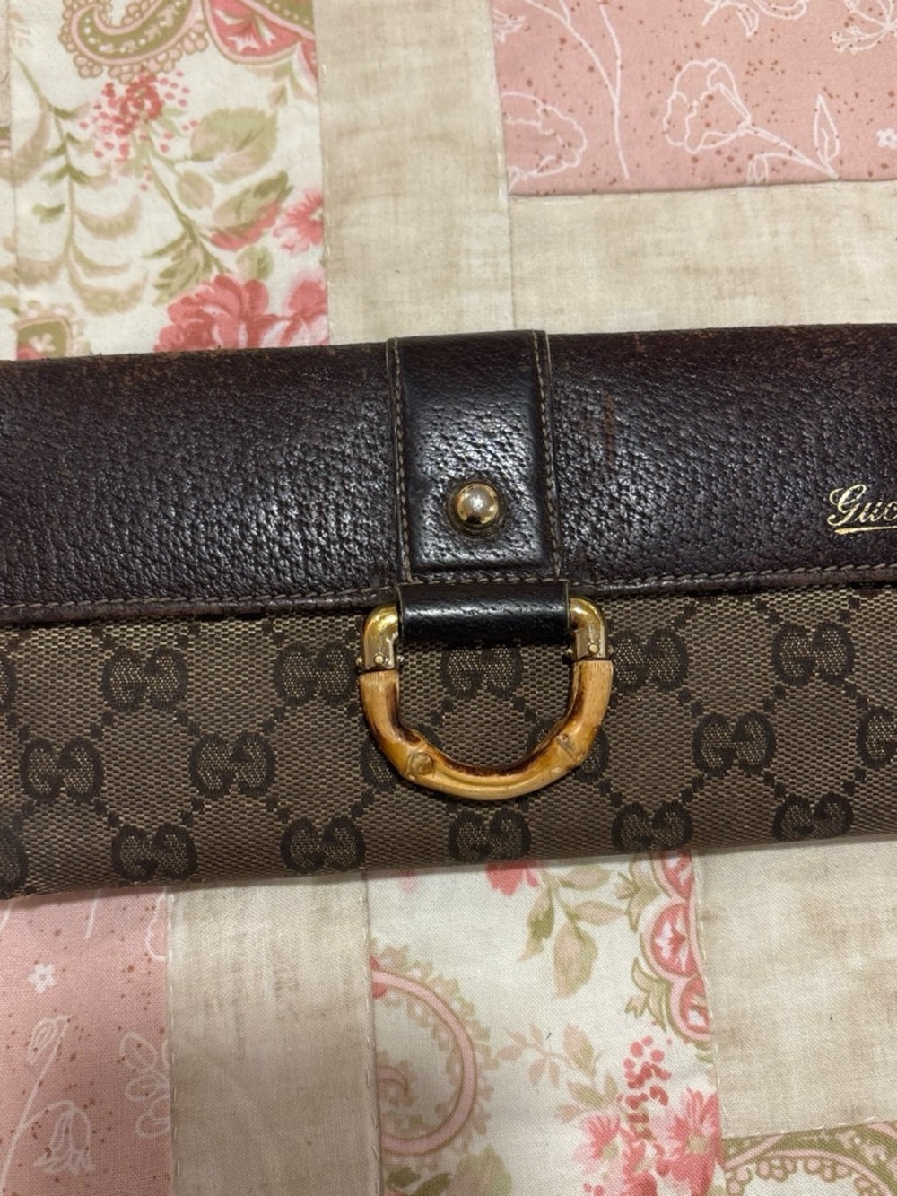 Gucci Brown GG Canvas Wallet with Bamboo-Style Ring and Dark Brown Trim